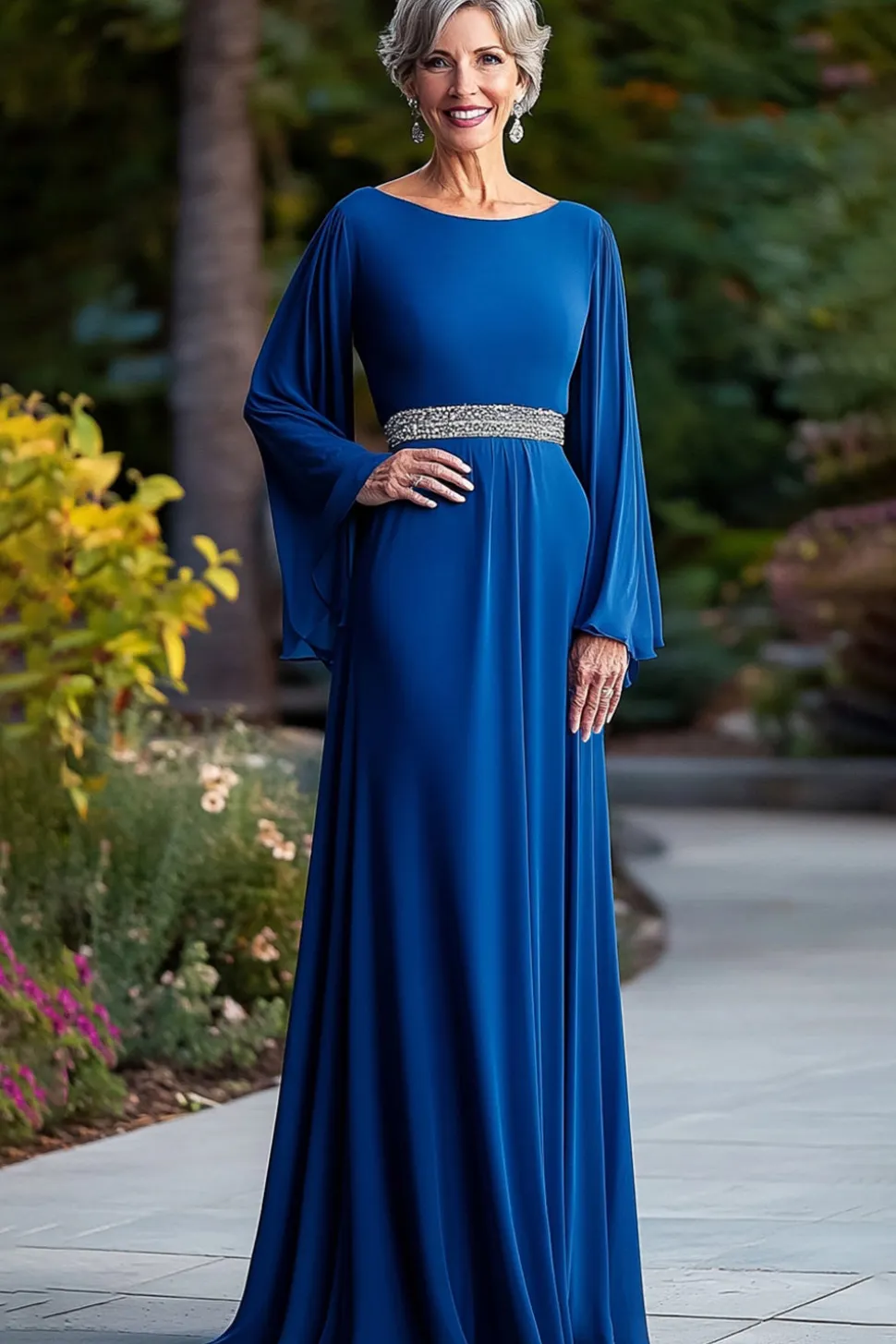 Royal Blue Loose Fit mangas compridas frisado plissado pescoço redondo mãe do vestido da noiva