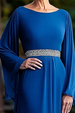 Royal Blue Loose Fit mangas compridas frisado plissado pescoço redondo mãe do vestido da noiva