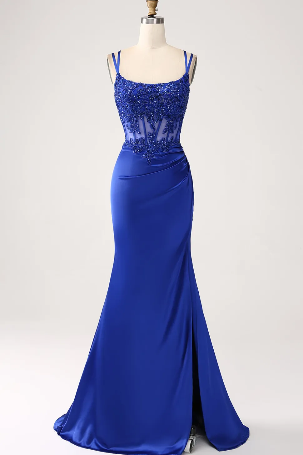 Royal Blue Mermaid Corset frisado longo vestido de baile com fenda