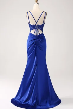 Royal Blue Mermaid Corset frisado longo vestido de baile com fenda