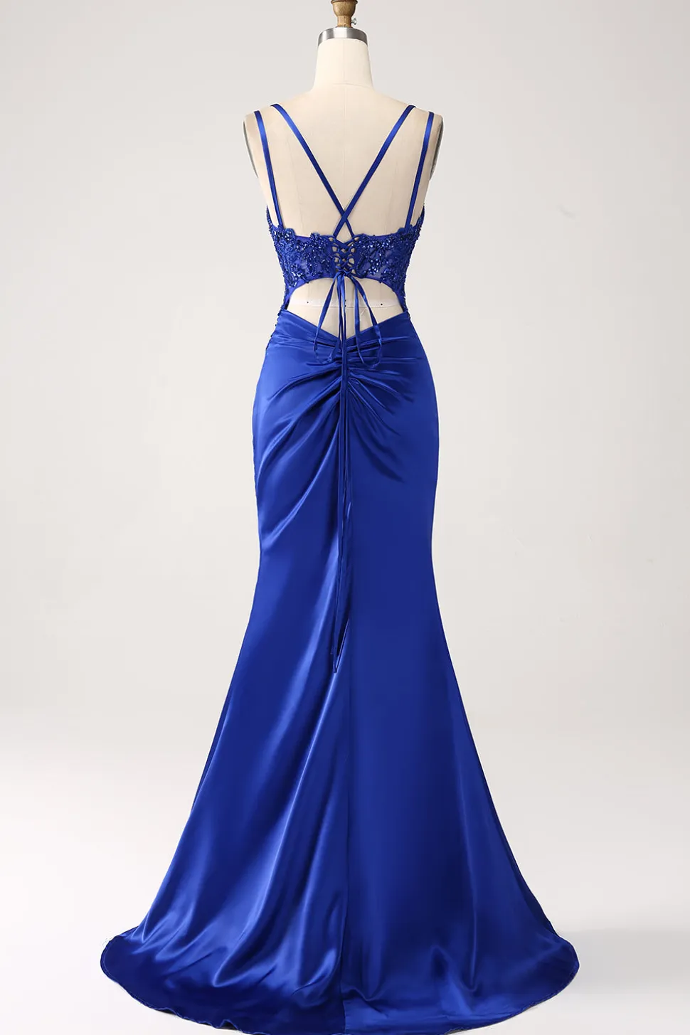 Royal Blue Mermaid Corset frisado longo vestido de baile com fenda