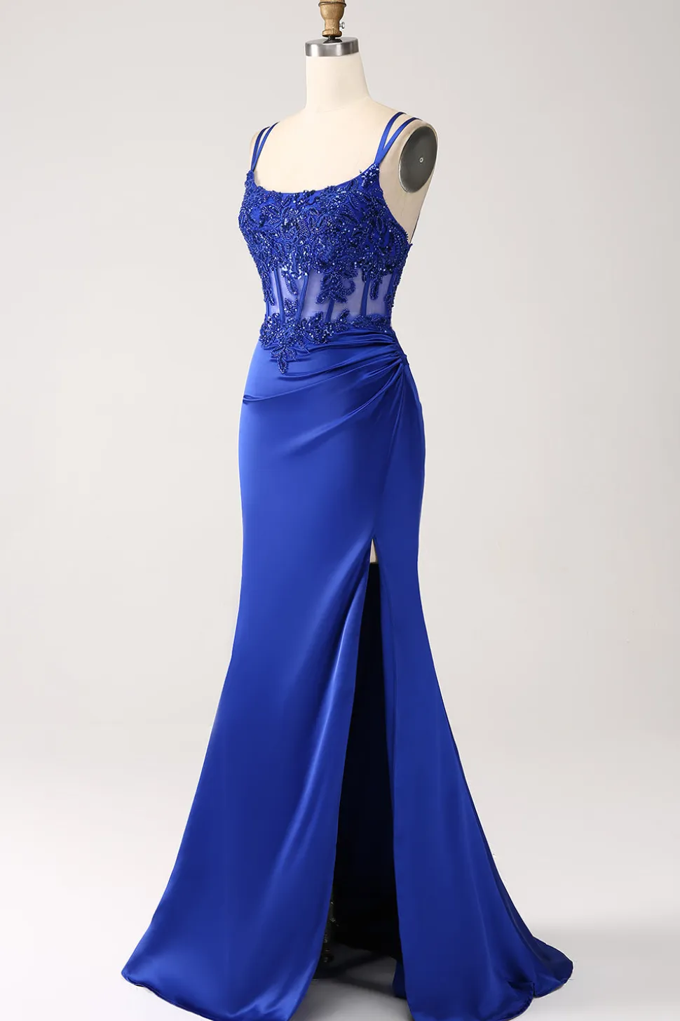 Royal Blue Mermaid Corset frisado longo vestido de baile com fenda