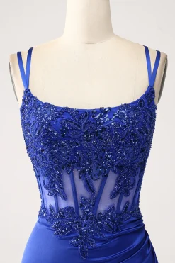 Royal Blue Mermaid Corset frisado longo vestido de baile com fenda
