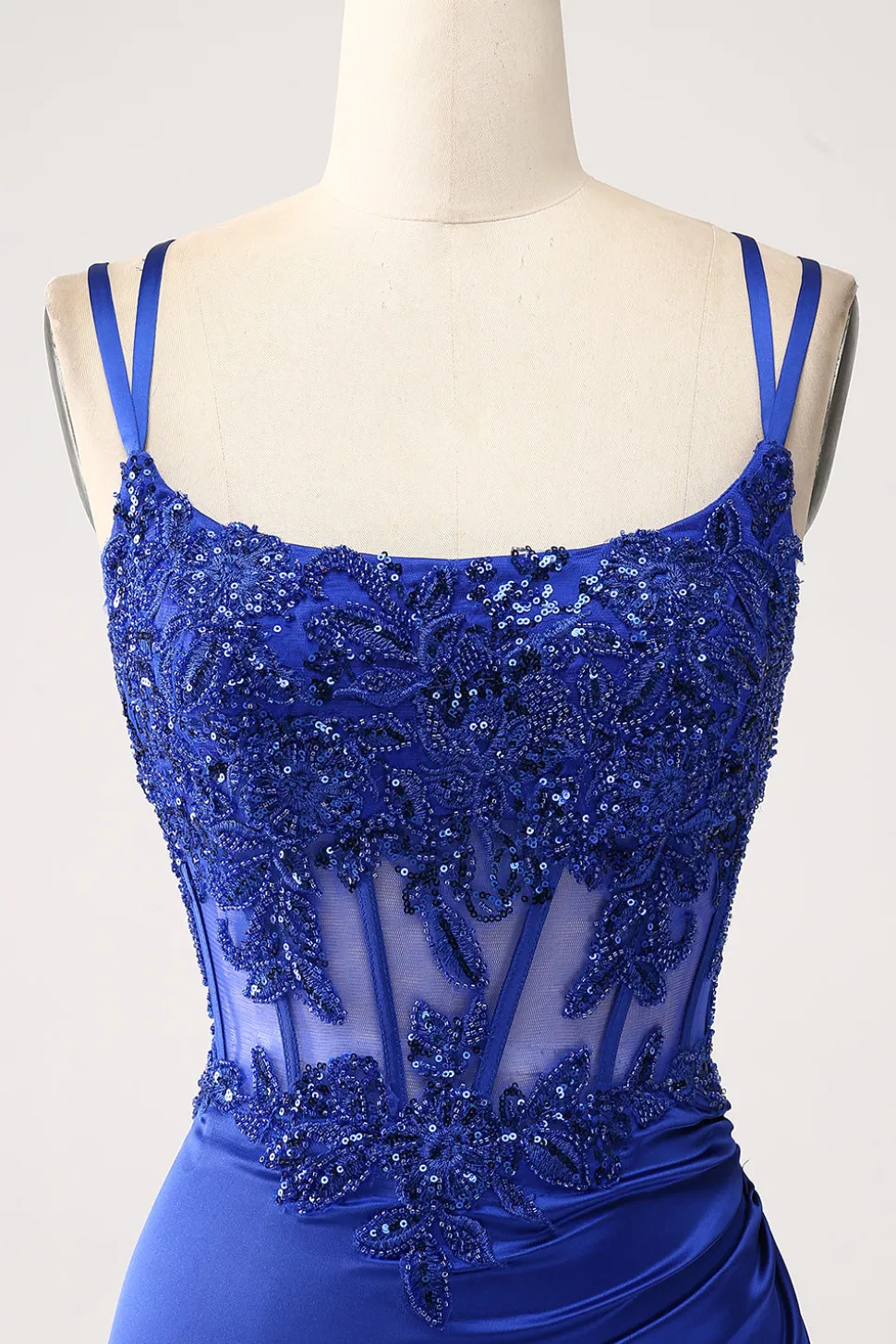 Royal Blue Mermaid Corset frisado longo vestido de baile com fenda