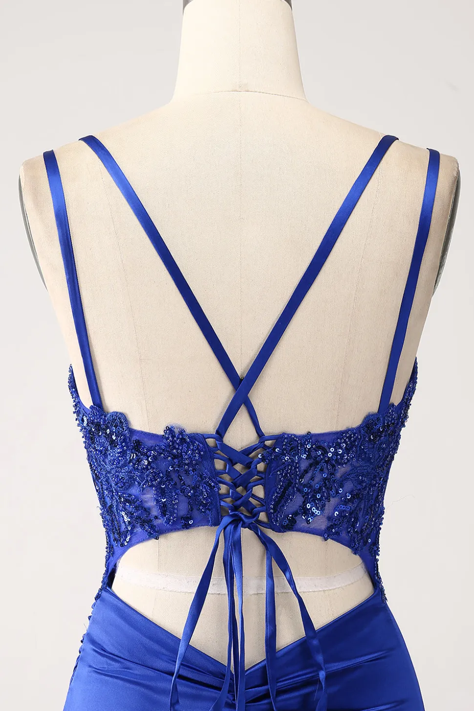 Royal Blue Mermaid Corset frisado longo vestido de baile com fenda
