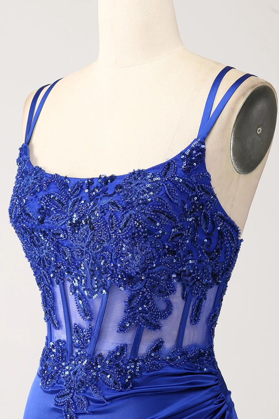Royal Blue Mermaid Corset frisado longo vestido de baile com fenda