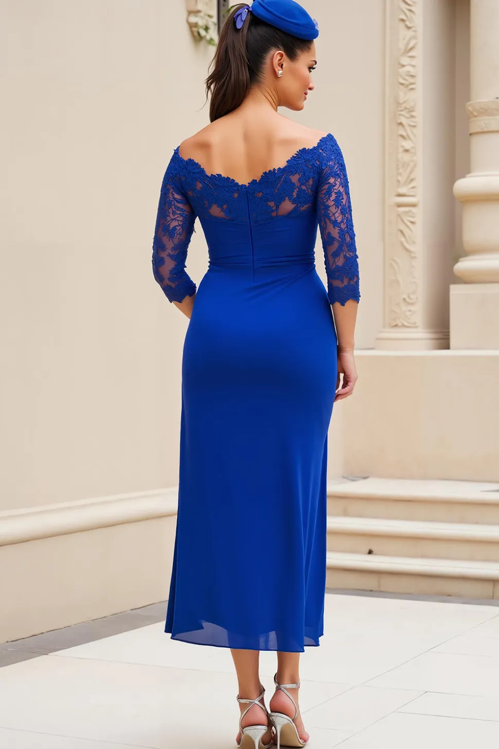 Royal Blue Off the Shoulder 3/4 Manga Mãe do Vestido da Noiva com Renda