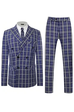 Royal Blue Plaid Peak Lapela Peito Duplo 2 Peças Terno Masculino