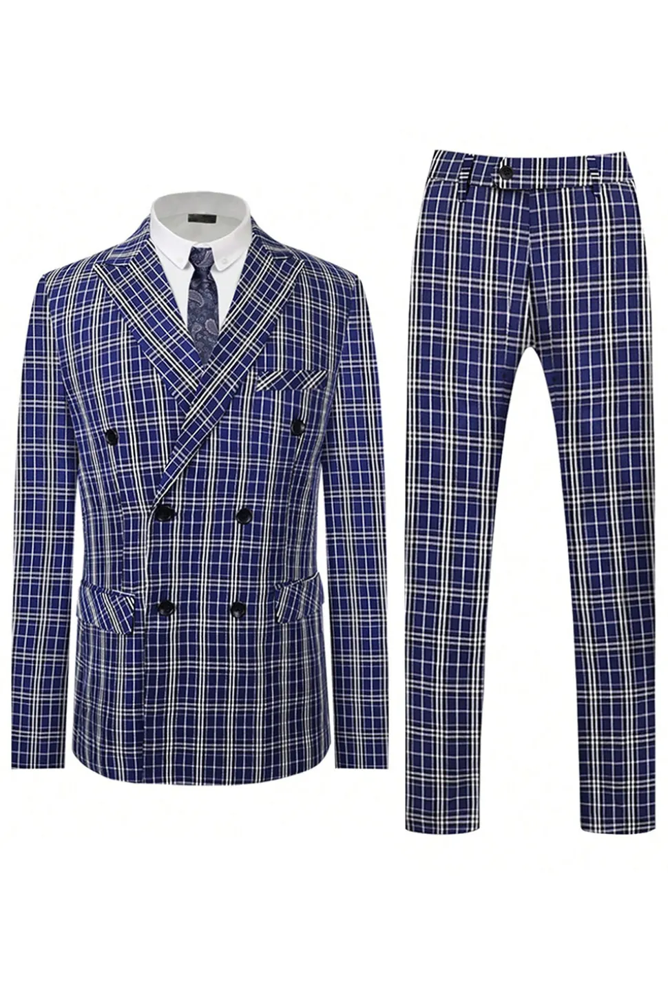Royal Blue Plaid Peak Lapela Peito Duplo 2 Peças Terno Masculino