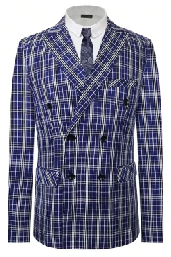 Royal Blue Plaid Peak Lapela Peito Duplo 2 Peças Terno Masculino