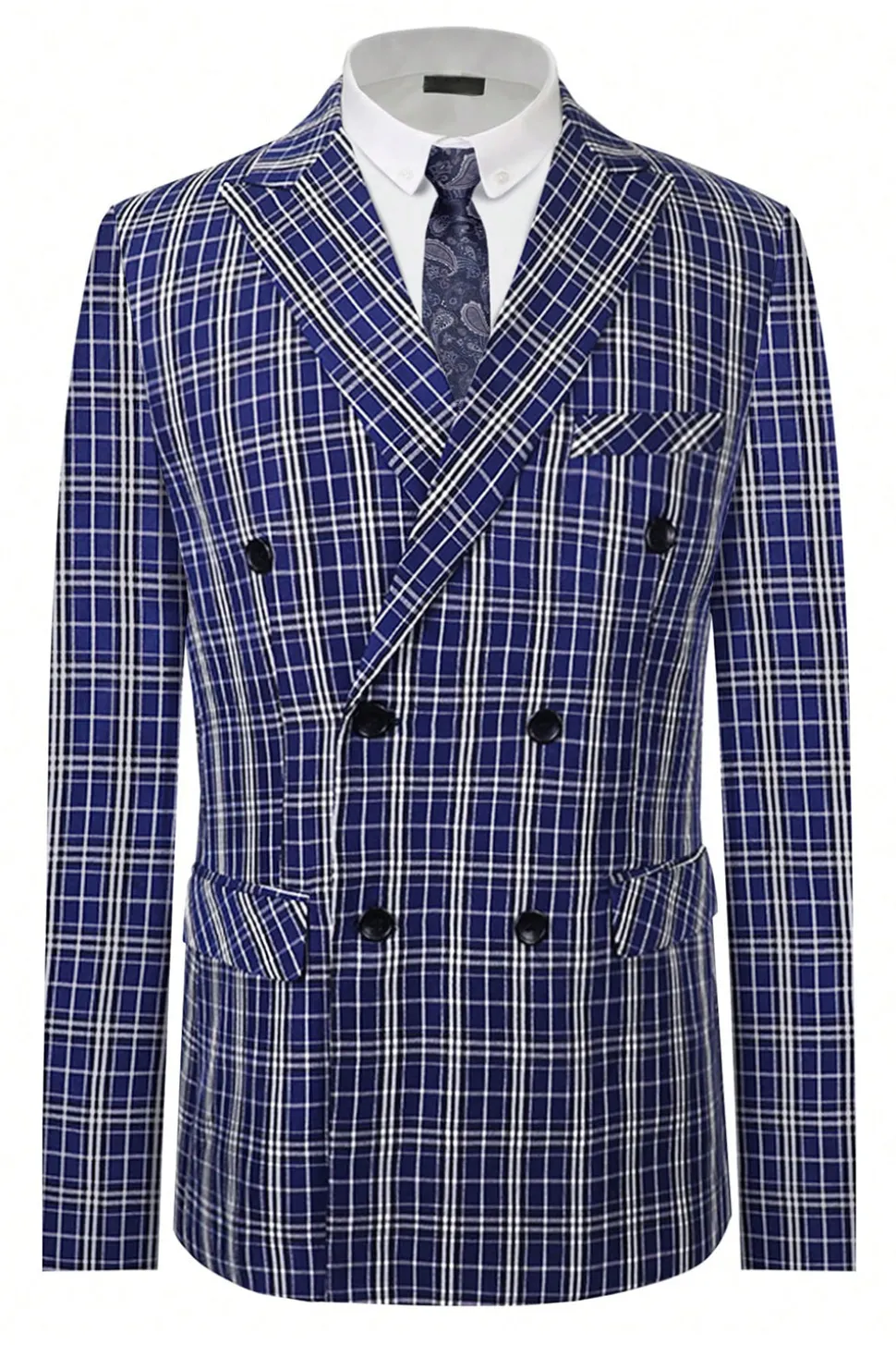 Royal Blue Plaid Peak Lapela Peito Duplo 2 Peças Terno Masculino