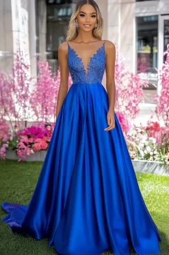 Royal Blue Satin Deep V-Neck A-Line Vestido de baile longo com apliques