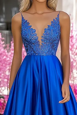 Royal Blue Satin Deep V-Neck A-Line Vestido de baile longo com apliques