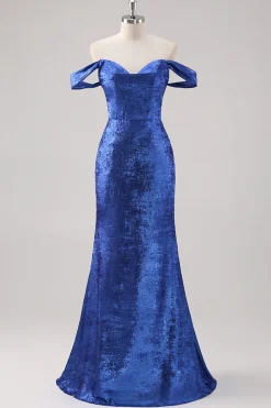 Royal Blue Satin Off The Shoulder Long Formal Dress com mangas destacáveis