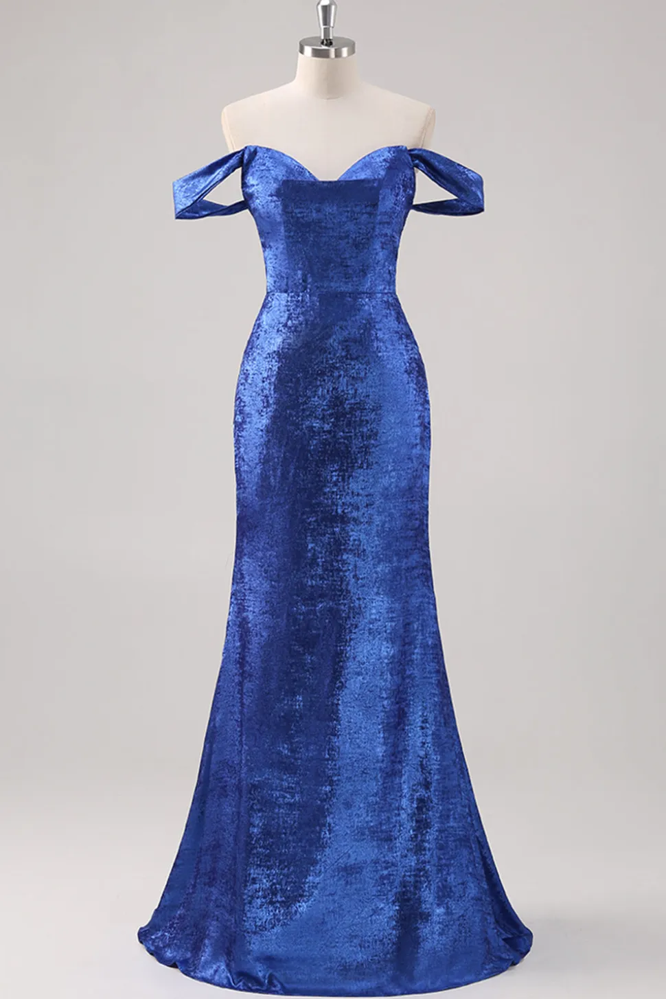 Royal Blue Satin Off The Shoulder Long Formal Dress com mangas destacáveis