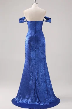 Royal Blue Satin Off The Shoulder Long Formal Dress com mangas destacáveis