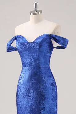 Royal Blue Satin Off The Shoulder Long Formal Dress com mangas destacáveis