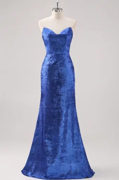 Royal Blue Satin Off The Shoulder Long Formal Dress com mangas destacáveis
