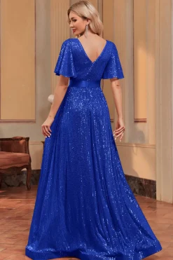 Royal Blue Sequins A-line Vestido Formal com decote em V