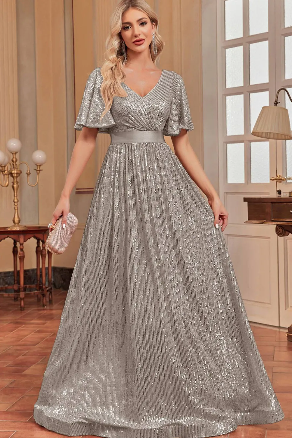Royal Blue Sequins A-line Vestido Formal com decote em V