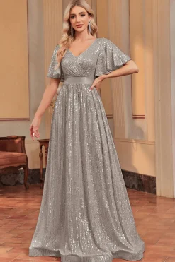 Royal Blue Sequins A-line Vestido Formal com decote em V