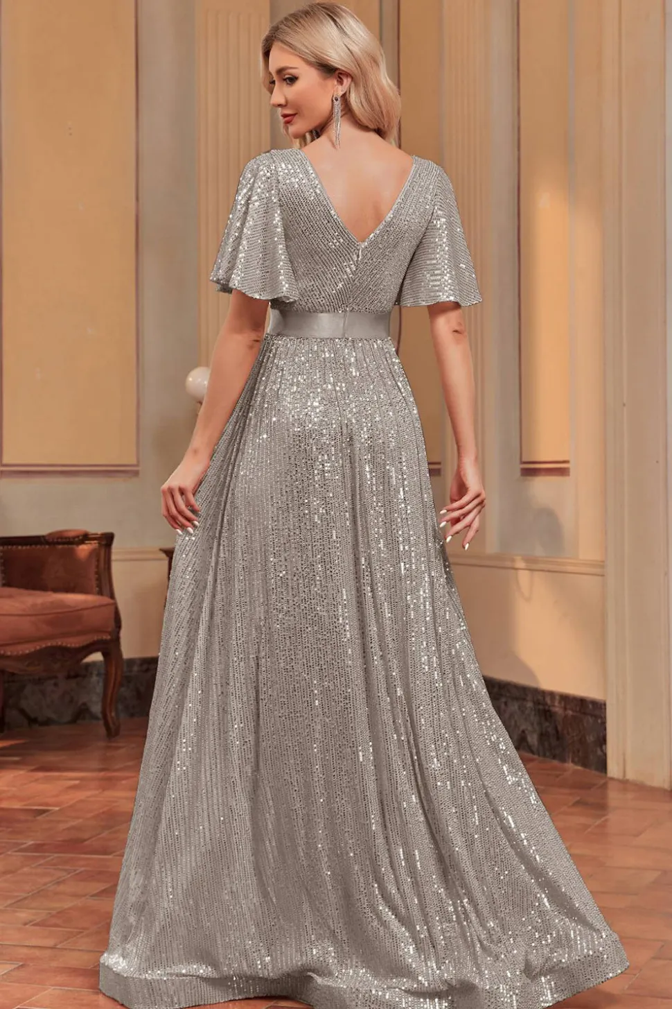 Royal Blue Sequins A-line Vestido Formal com decote em V