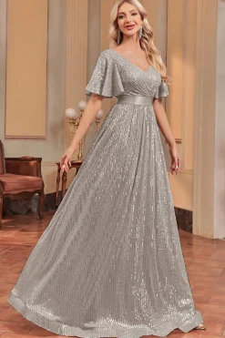 Royal Blue Sequins A-line Vestido Formal com decote em V