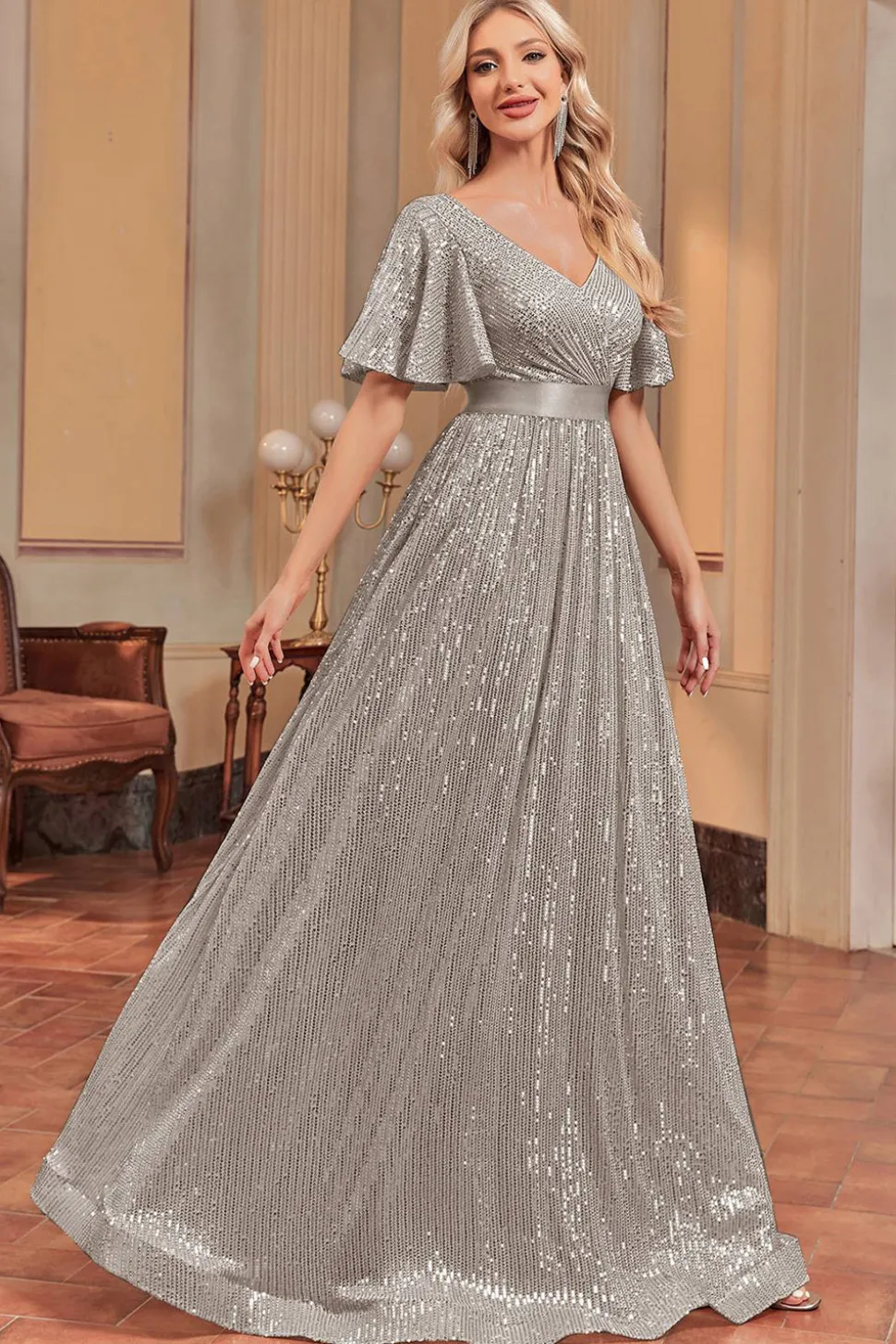 Royal Blue Sequins A-line Vestido Formal com decote em V