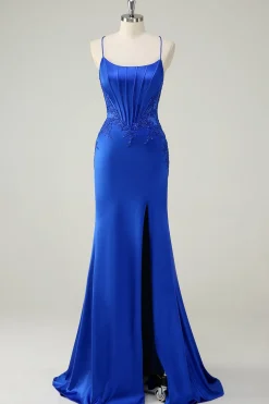 Royal Blue Sereia Corset Espaghetti Straps Appliqued Long Prom Dress