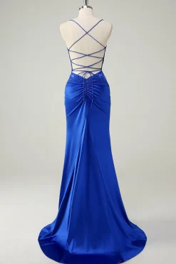 Royal Blue Sereia Corset Espaghetti Straps Appliqued Long Prom Dress