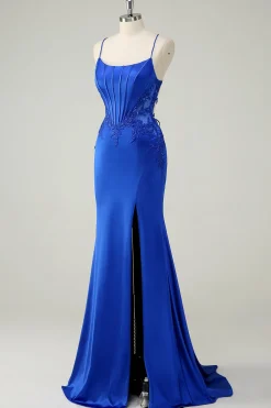 Royal Blue Sereia Corset Espaghetti Straps Appliqued Long Prom Dress