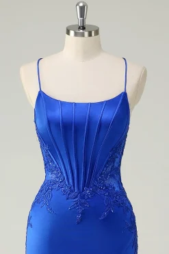Royal Blue Sereia Corset Espaghetti Straps Appliqued Long Prom Dress