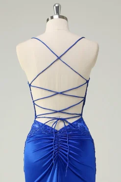 Royal Blue Sereia Corset Espaghetti Straps Appliqued Long Prom Dress