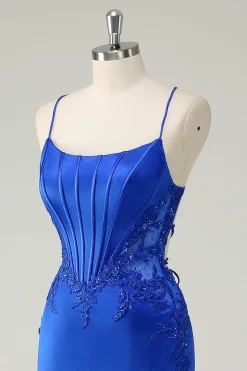 Royal Blue Sereia Corset Espaghetti Straps Appliqued Long Prom Dress