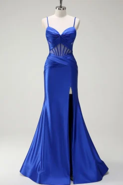 Royal Blue Sereia Esparguete Correias Cetim Corset Longo Vestido de Baile com Fenda
