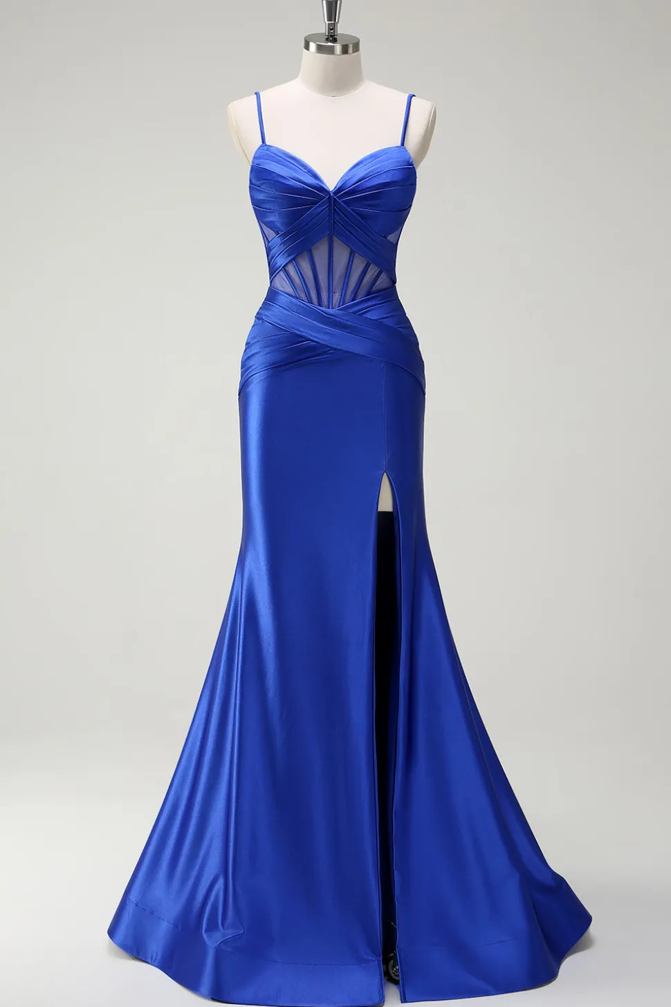 Royal Blue Sereia Esparguete Correias Cetim Corset Longo Vestido de Baile com Fenda