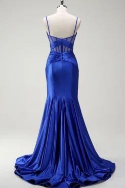 Royal Blue Sereia Esparguete Correias Cetim Corset Longo Vestido de Baile com Fenda