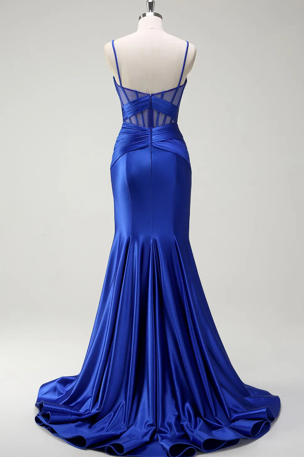 Royal Blue Sereia Esparguete Correias Cetim Corset Longo Vestido de Baile com Fenda