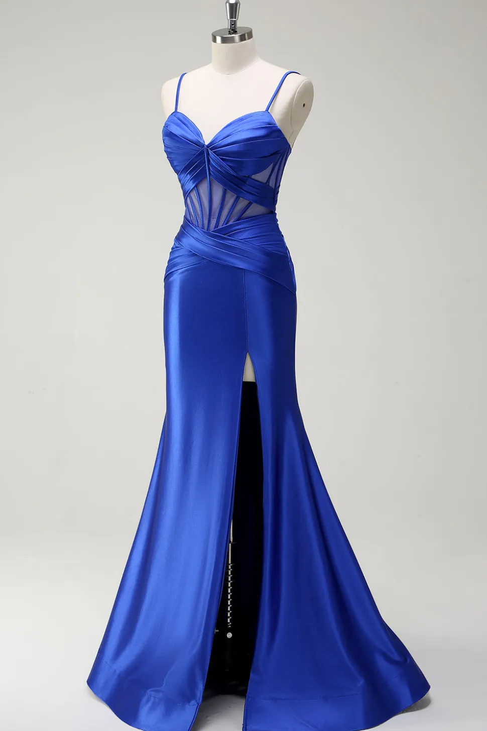 Royal Blue Sereia Esparguete Correias Cetim Corset Longo Vestido de Baile com Fenda