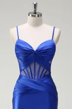 Royal Blue Sereia Esparguete Correias Cetim Corset Longo Vestido de Baile com Fenda