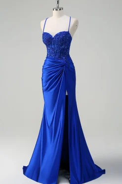 Royal Blue Sereia Esparguete Correias Plissado Appliqued Prom Dress