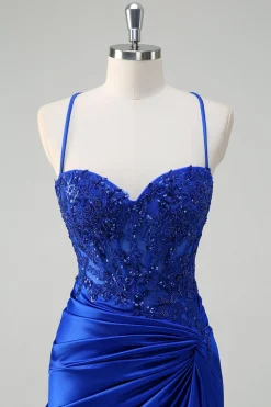 Royal Blue Sereia Esparguete Correias Plissado Appliqued Prom Dress