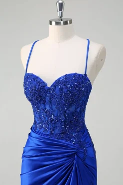 Royal Blue Sereia Esparguete Correias Plissado Appliqued Prom Dress