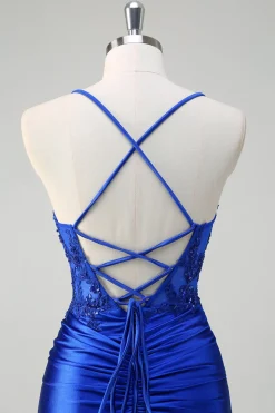 Royal Blue Sereia Esparguete Correias Plissado Appliqued Prom Dress