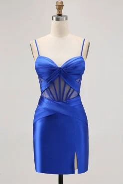 Royal Blue Sheer Corset plissado vestido apertado Homecoming com fenda