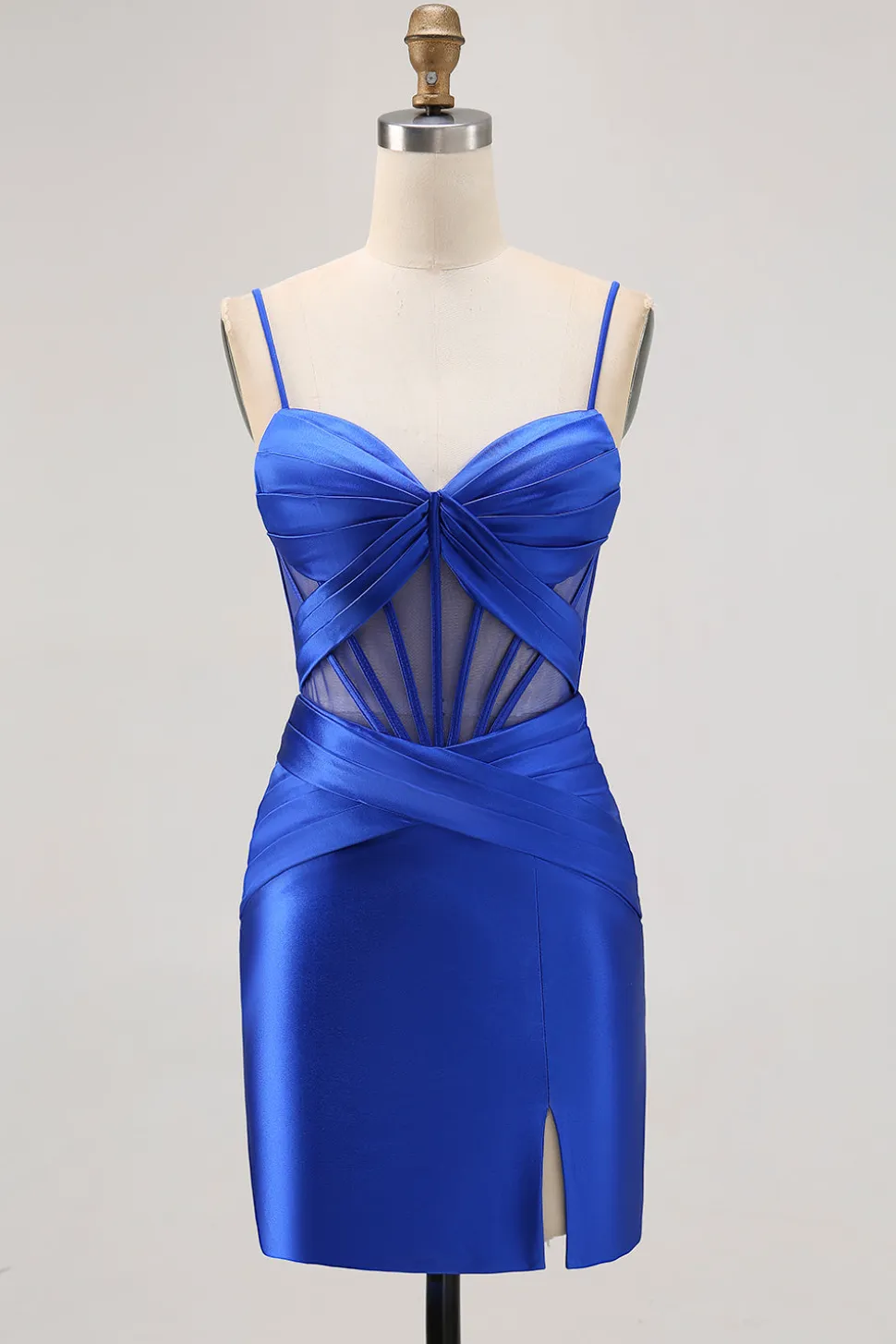 Royal Blue Sheer Corset plissado vestido apertado Homecoming com fenda