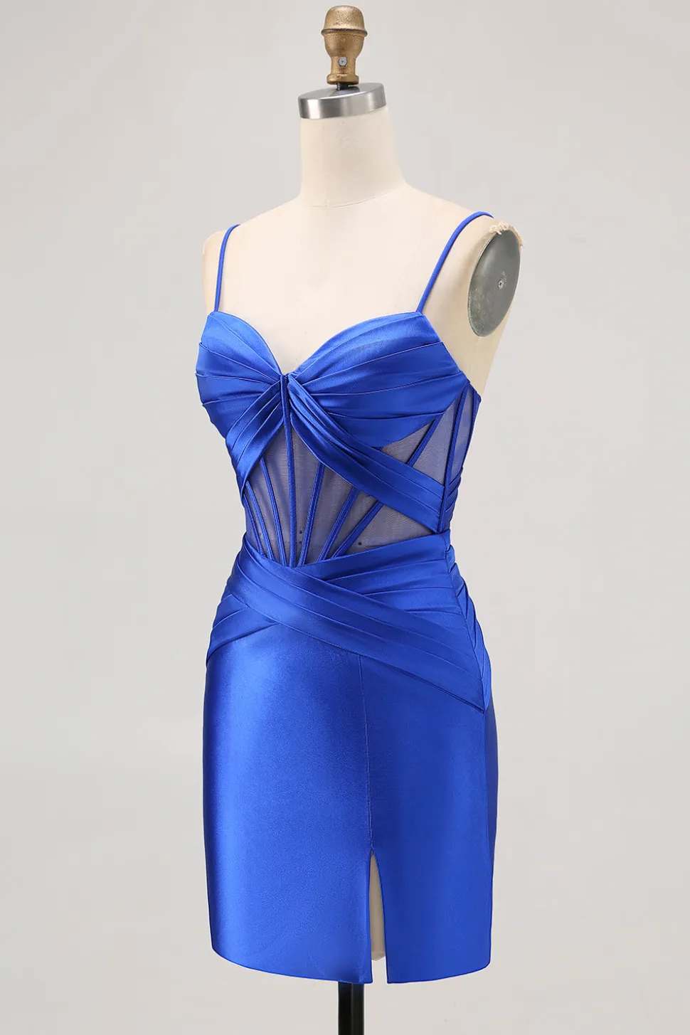 Royal Blue Sheer Corset plissado vestido apertado Homecoming com fenda