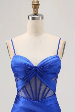 Royal Blue Sheer Corset plissado vestido apertado Homecoming com fenda