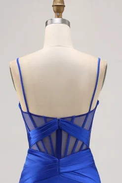 Royal Blue Sheer Corset plissado vestido apertado Homecoming com fenda