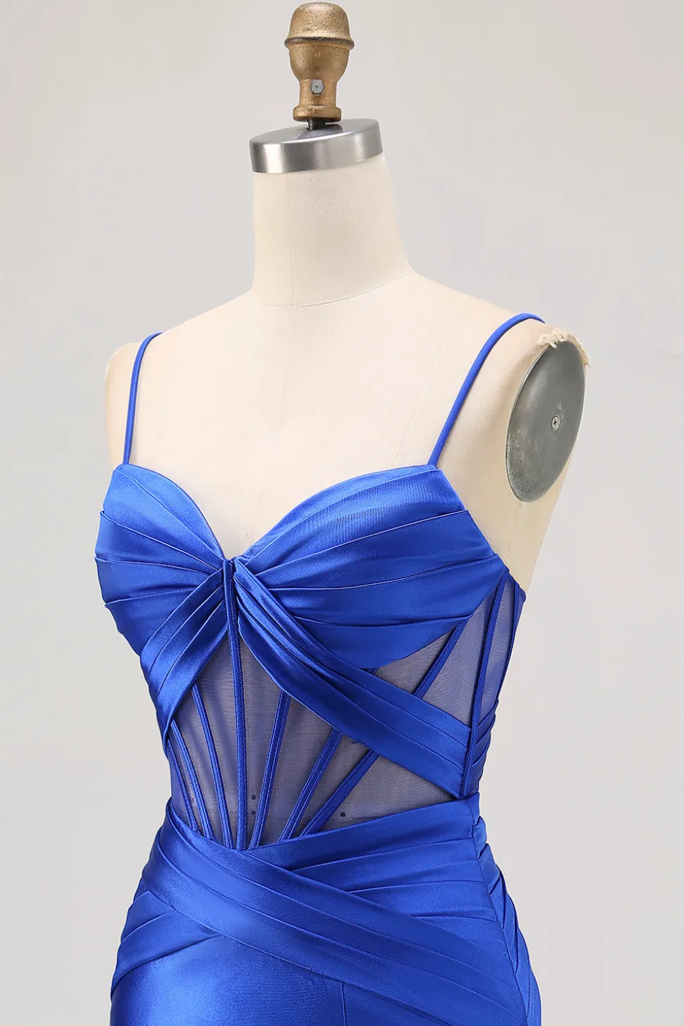 Royal Blue Sheer Corset plissado vestido apertado Homecoming com fenda